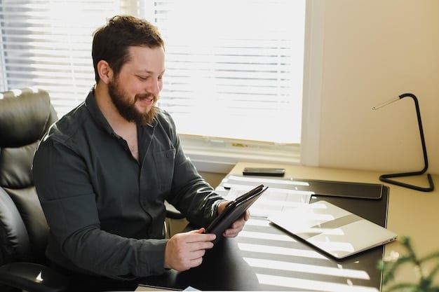 A person smiling confidently while looking at their investment portfolio on a tablet, surrounded by calm and positive visuals. The scene represents the peace of mind and reduced stress that dollar-cost averaging can bring.