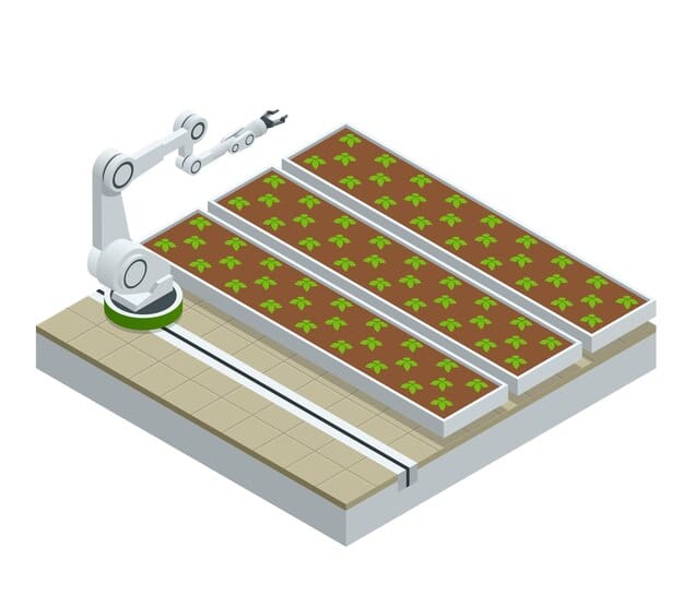 A schematic diagram of an automated crop farm, showing the layout of the farm beds, water channels, Redstone wiring, and collection hoppers. The diagram highlights the water flow and harvesting mechanism.