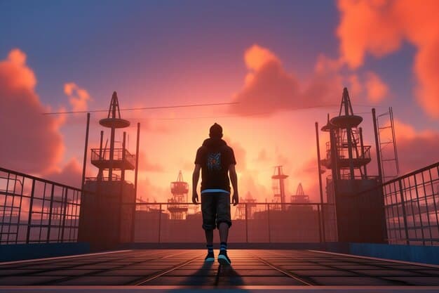 A screenshot of a player character in Apex Legends strategically positioned on a rooftop overlooking a Control point in World's Edge, providing a clear vantage point and firing angles.