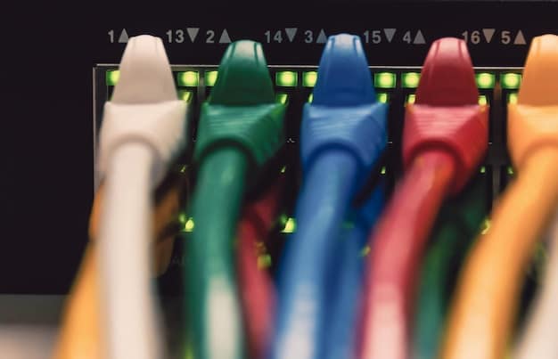 Close-up shot of various network cables (Ethernet, coaxial) plugged into the back of a router and modem. The image emphasizes the importance of wired connections for stable and fast network performance.