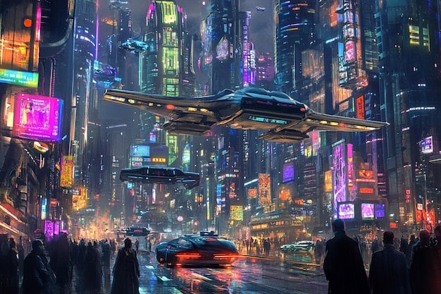 A futuristic cityscape scene from a 2025 Cyberpunk RPG, showcasing a protagonist with cybernetic enhancements standing against a backdrop of neon lights, towering skyscrapers, and flying vehicles.