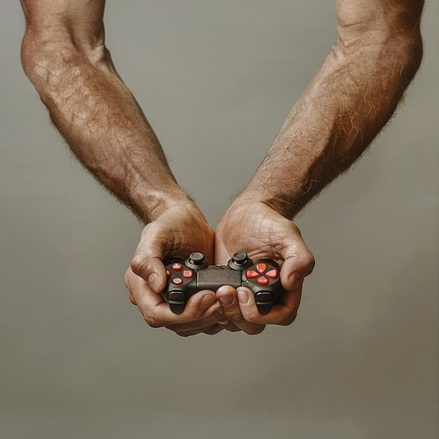 A close-up shot of a person's hands holding a gaming controller, with a high-definition gaming scene displayed on a large screen in the background, emphasizing the immersive experience and technical aspects that gaming reviews often analyze.