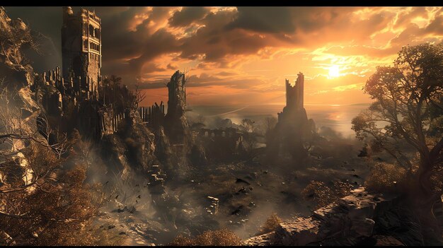 A scenic vista overlooking a vast, ruined city in The Lords of the Fallen. The architecture is gothic and imposing, with towering spires and crumbling walls. The sky is filled with swirling clouds and ominous shadows, creating a sense of desolation and decay.