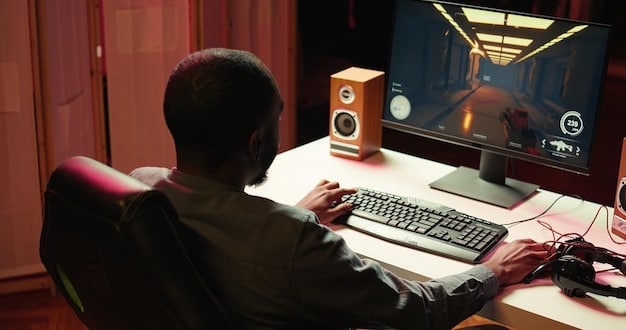 A person sitting at a desk, typing on a laptop, with a gaming controller and headset nearby. The scene shows a focused environment, symbolizing the effort and analysis involved in writing a game review.