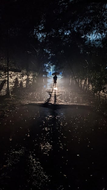 Alan Wake standing in a dimly lit alley, pointing his flashlight at a shadowy figure lurking in the darkness. Rain is falling, adding to the gloomy atmosphere.