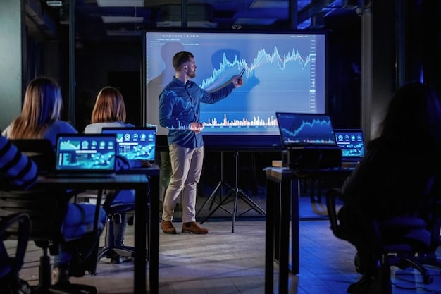 An esports coach analyzing player performance data on a large screen during a training session. The screen displays detailed stats and visualizations, showcasing the use of data analytics in training.