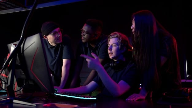 A coach giving feedback to esports team members in a brightly lit room, a mix of laptop displays and determined faces. The setting looks professional, modern, and focused.