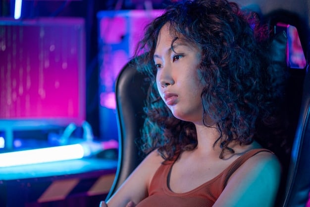 a close-up shot of a young woman intensely focused on her gaming monitor during an esports tournament, showcasing concentration and skill.