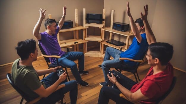 An esports team doing a mindfulness exercise together before a competition. They are sitting in a circle, eyes closed, and are guided by a mental health coach. The atmosphere is calm and focused, promoting mental clarity and team unity.