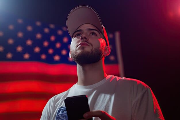 A focused esports player on stage, wearing a team jersey and headset, with a US flag subtly blurred in the background to symbolize the international talent within US esports.