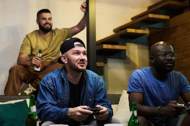 An esports coach enthusiastically gesturing while discussing strategy with his team, who are intently listening. The players are wearing headsets and sitting in gaming chairs, focused on the coach's directions.