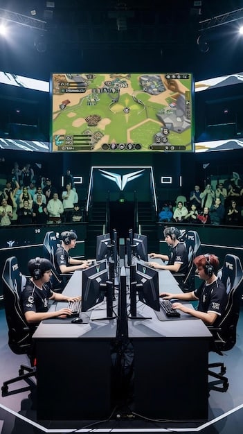 A wide shot of a large esports arena filled with cheering fans. A massive screen displays the live game action, and professional commentators are seated at a desk providing analysis.