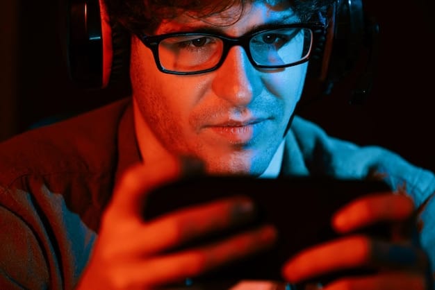 A close-up view of a gamer intensely focused on their screen, with a subtle 5G network icon glowing in the background, symbolizing the enhanced connectivity and reduced latency during gameplay.