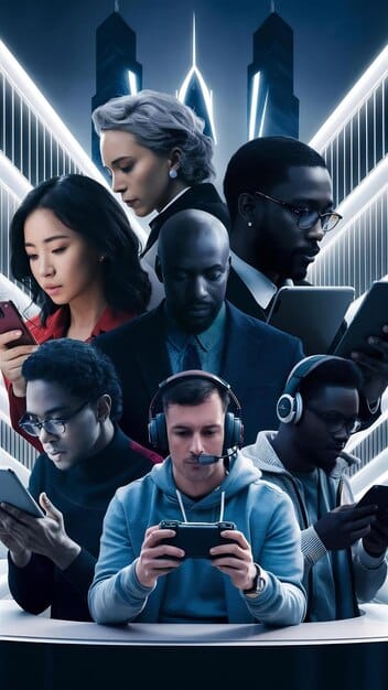 A diverse group of mobile gamers intensely playing a mobile esports game with 5G network icons floating above their devices, highlighting the enhanced connectivity and competitive environment.