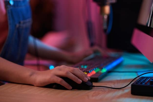 A close-up of a Dota 2 player's hands on the keyboard and mouse during a crucial moment in a tournament. The player's face is focused and determined. The background shows the blurred image of the game on a large screen, with various characters and abilities being displayed.