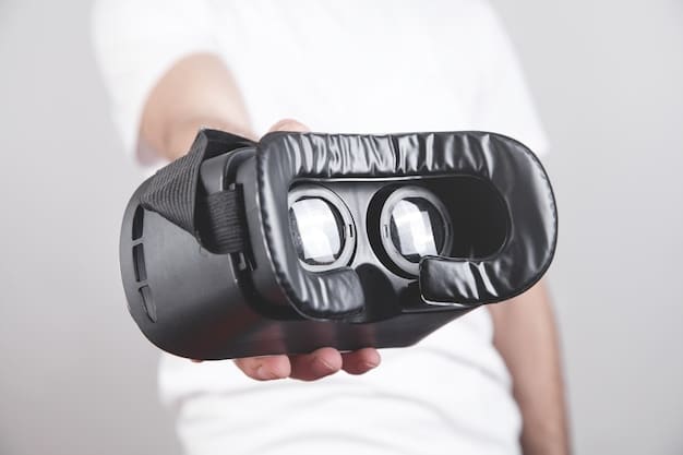 A close-up shot of a VR headset displaying a competitive VR game, highlighting the visual fidelity and immersive nature of the gameplay. Hands wearing motion-tracking gloves are visible, emphasizing the interactive aspect of VR esports.