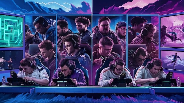A screenshot of an online esports tournament broadcasted on Twitch, showing players' webcams and in-game action. Chat is active with viewers cheering on the participants.