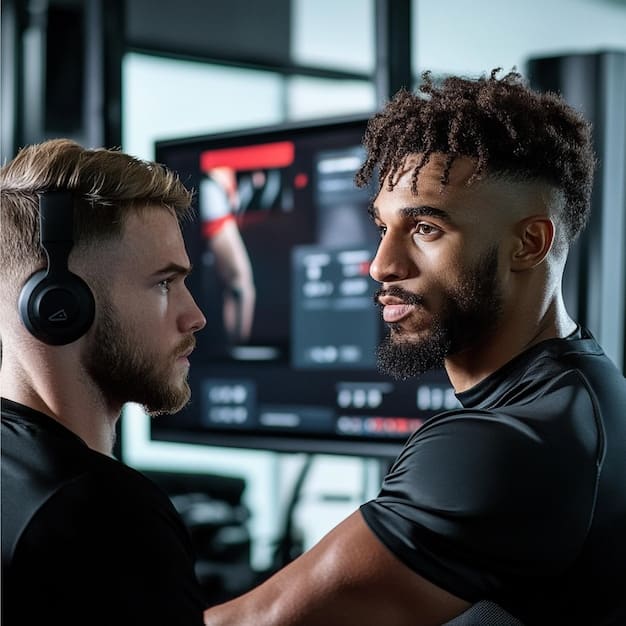 A coach giving feedback to a young esports player using advanced analytical tools during a scouting combine. The player is intently listening and absorbing the information.