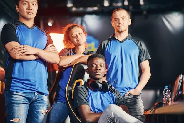 A diverse group of esports players celebrating a victory at a scouting event, showcasing inclusivity. They are high-fiving and smiling, with coaches and event staff applauding in the background.