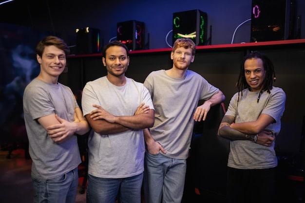 A photograph of a diverse group of esports players standing together, symbolizing unity and collective bargaining power. They are in a relaxed setting, such as a players' lounge or a team training facility, fostering a sense of camaraderie and solidarity.