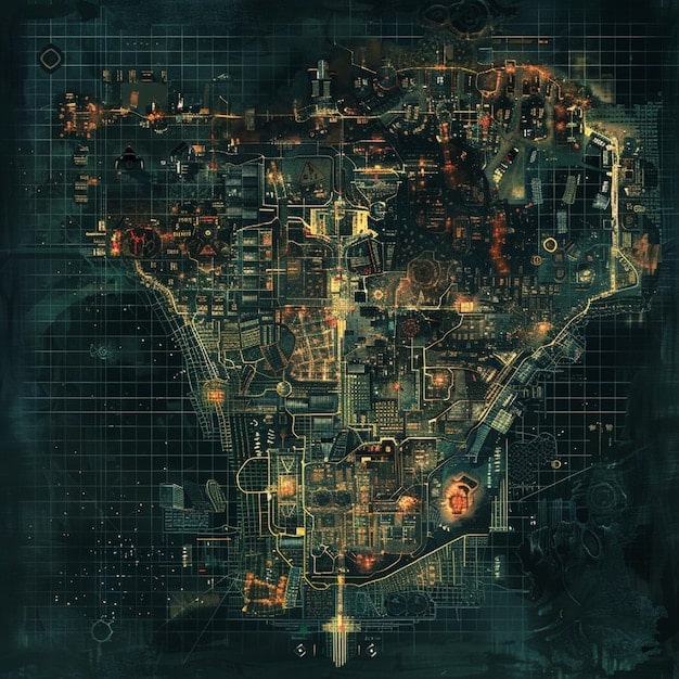 A detailed overhead map of a Call of Duty multiplayer level, with highlighted areas indicating high-traffic zones, objective locations, and strategic power positions.
