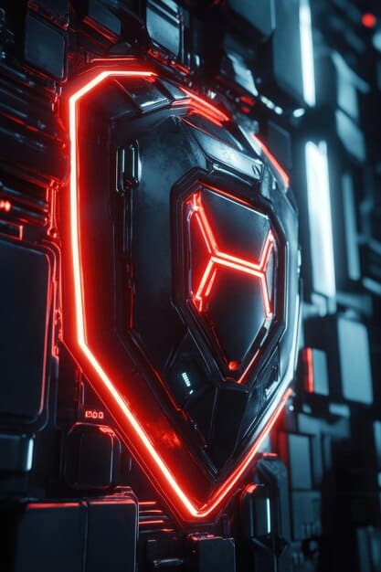 A graphic depicting a shield with a controller and keyboard overlaid on it, symbolizing protection and integrity in esports. The background features blurred images of esports athletes competing.