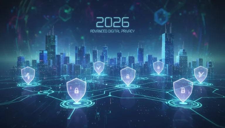Futuristic digital privacy network protecting data in 2026