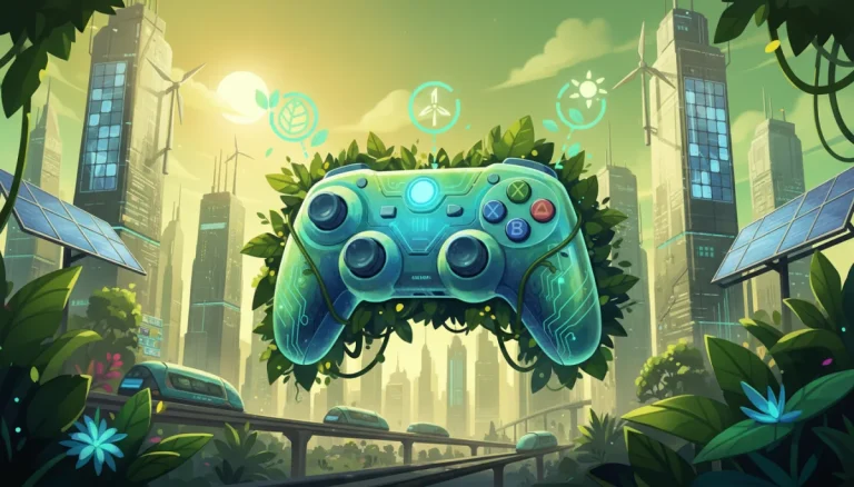 Eco-friendly gaming controller with green leaves and solar panels, representing sustainable game development