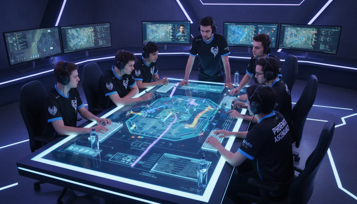 Professional esports team strategizing in a high-tech training facility