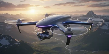 Futuristic drone capturing sunset landscape video