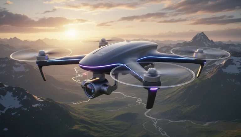 Futuristic drone capturing sunset landscape video