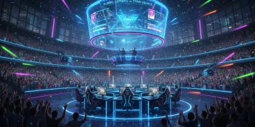 Futuristic esports arena with cheering fans and glowing screens in the US