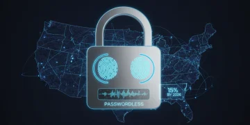 Futuristic digital lock with biometric scan, symbolizing passwordless security adoption in the US.