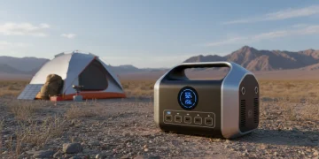 Futuristic portable power station outdoors with camping gear