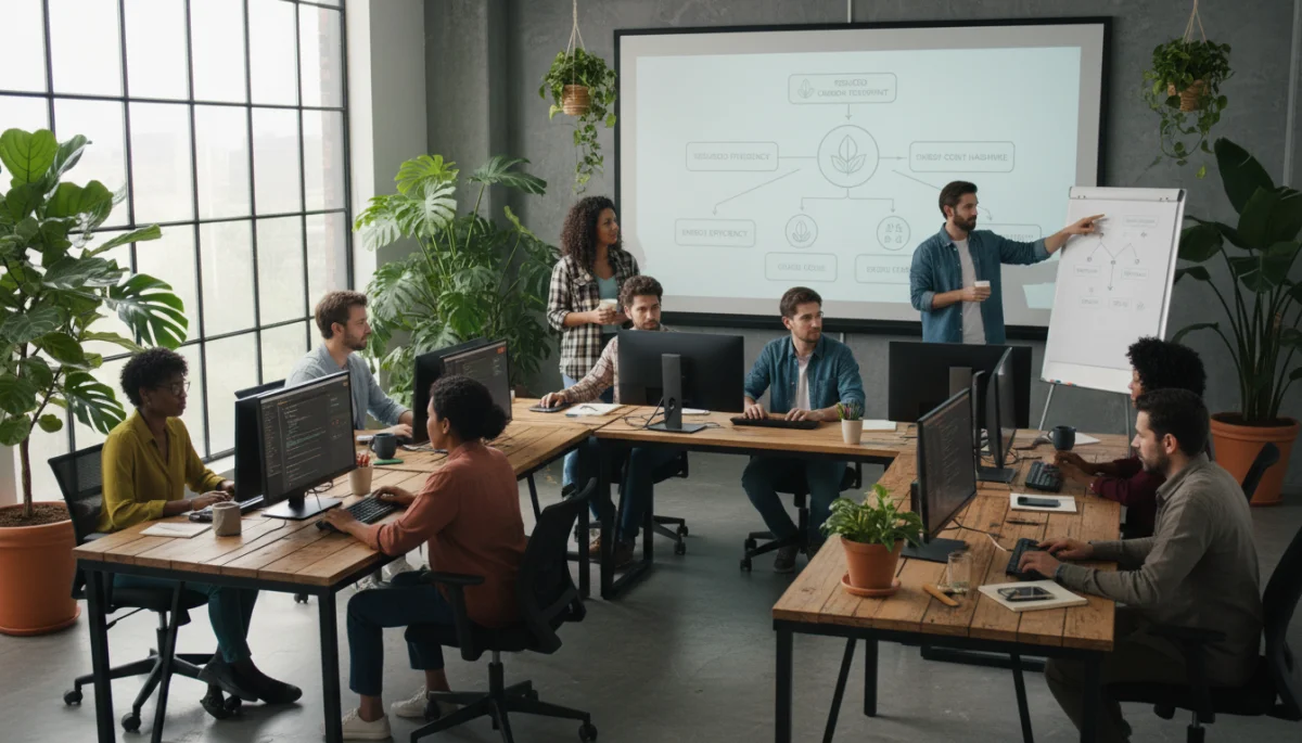Game developers collaborating on sustainable coding in an eco-friendly office