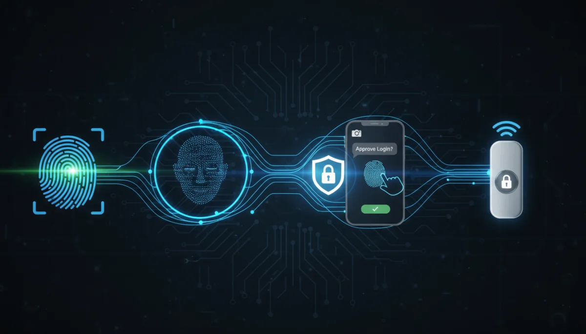 Various passwordless authentication methods: fingerprint, facial recognition, push notification, security key.