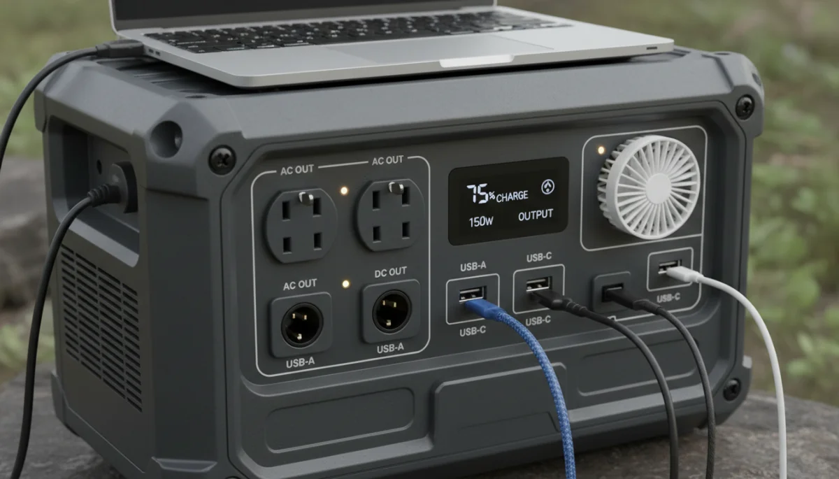 Close-up of portable power station showing multiple output ports connected to devices