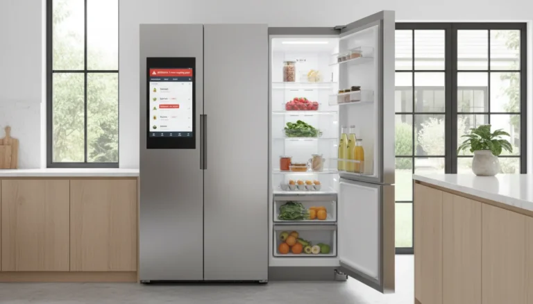 Modern smart refrigerator with digital inventory display in a clean kitchen