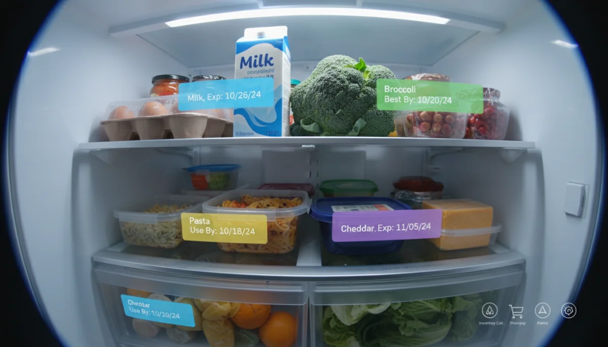 Internal smart refrigerator camera view showing food items and expiration dates